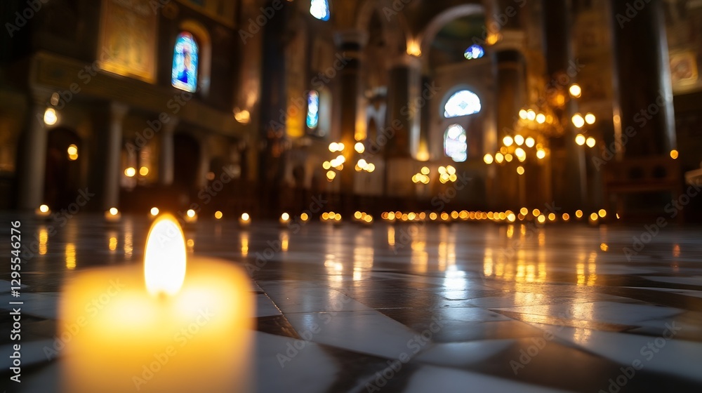 Aufkleber illuminated candle in dark church setting with glow reflecting on marbled floor and chandelier : gen