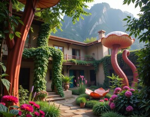 Garden with oversized mushrooms and vibrant flowers in scenic mountain backdrop during daytime
