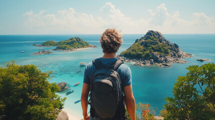 Fototapeta premium A young man standing on top of a mountain looking at the sea