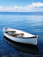 Naklejka premium Serene white wooden boat floating on calm blue waters under a clear sky with gentle clouds : Generative AI