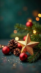 Glittering gold star, pine cones, festive globes, art, season