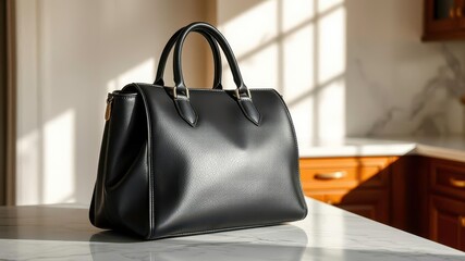  Elegant Black Leather Handbag Resting on a Smooth Marble Countertop with Soft Natural Light