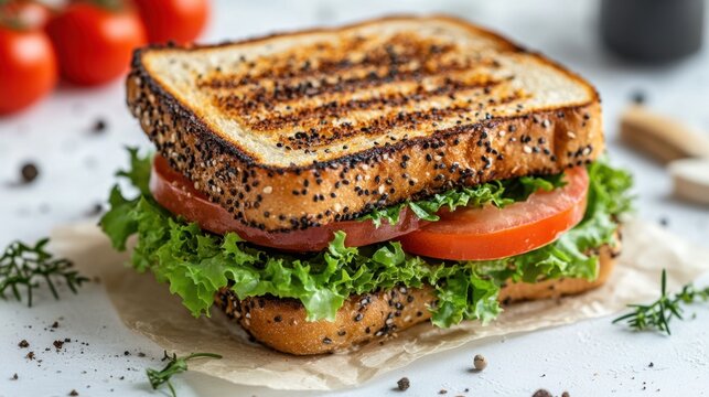 Grilled sandwich with fresh tomato and lettuce on parchment paper a tasty and healthy meal close up shot for food blog and restaurant menu