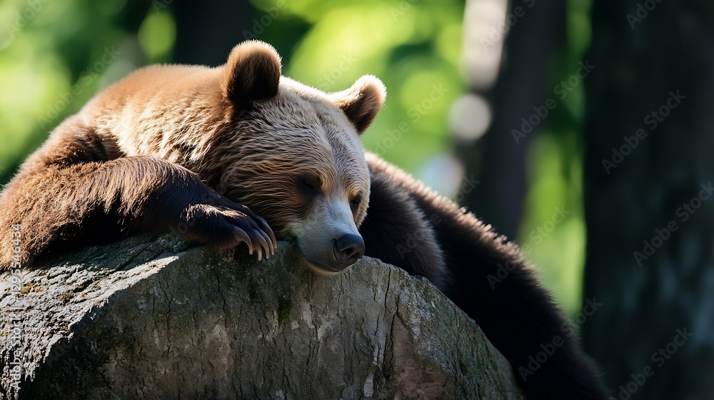 Poster calm and relaxed brown bear resting peacefully on a large rock in a serene natural setting : generat