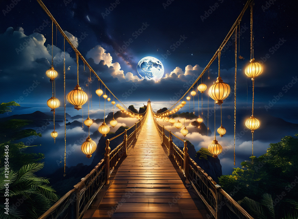 Poster lanterns illuminate a wooden bridge extending into the night. full moon and clouds create a dreamy b