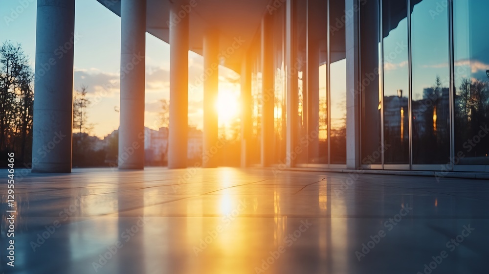 Fototapete Beautiful sunset lighting in an urban environment with reflections on the floor creating a warm atmosphere : Generative AI