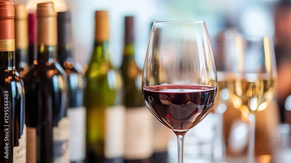 Poster Elegant Red Wine Glass with Selection of Wine Bottles in Background : Generative AI