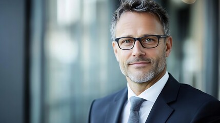 Fototapeta premium Confident businessman with glasses smiling professionally in a modern office setting : Generative AI
