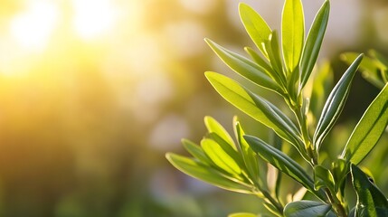 Fresh Green Leaves Glowing in Warm Sunlight Creating a Vibrant Nature Scene : Generative AI