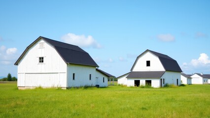 Obraz premium Two white barns with black roofs stand on a green field under a blue sky with scattered clouds.