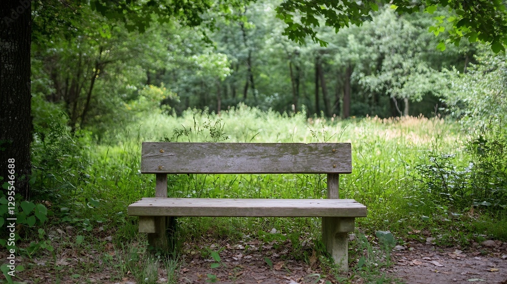 Aufkleber idyllic wooden bench in a peaceful green park surrounded by lush trees and grass inviting relaxation