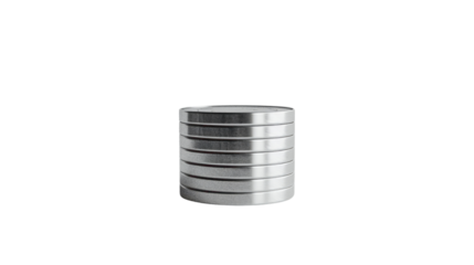 Stack of silver coins rotating on transparent background
