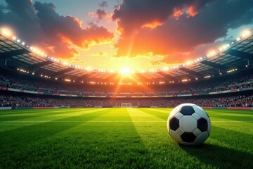 Stadium fields with soccer ball and football at sunset, stadium sports, field game, sunlight