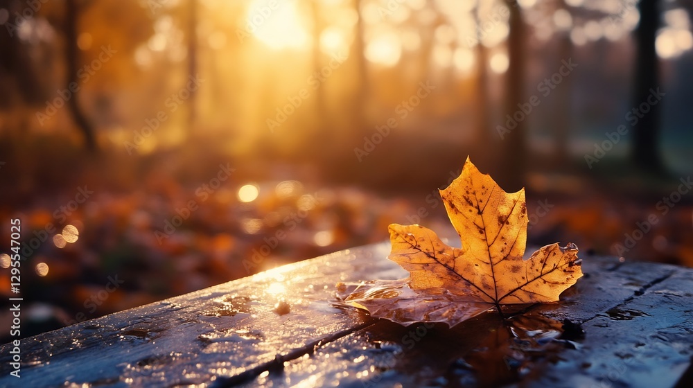 Poster beautiful autumn leaf resting on a wooden table illuminated by warm sunset light : generative ai