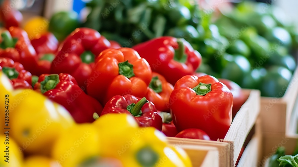 Aufkleber vibrant display of fresh colorful bell peppers in wooden crates emphasizing freshness in a market se