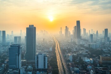 Fototapeta premium Golden Sunrise Over Urban Skyline with Mist and City Traffic