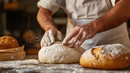 Baker in apron shaping sourdough bread dough bread baking