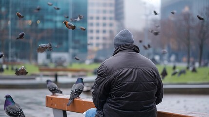 Contemplative Man Sitting on Bench Surrounded by Birds in City Park : Generative AI