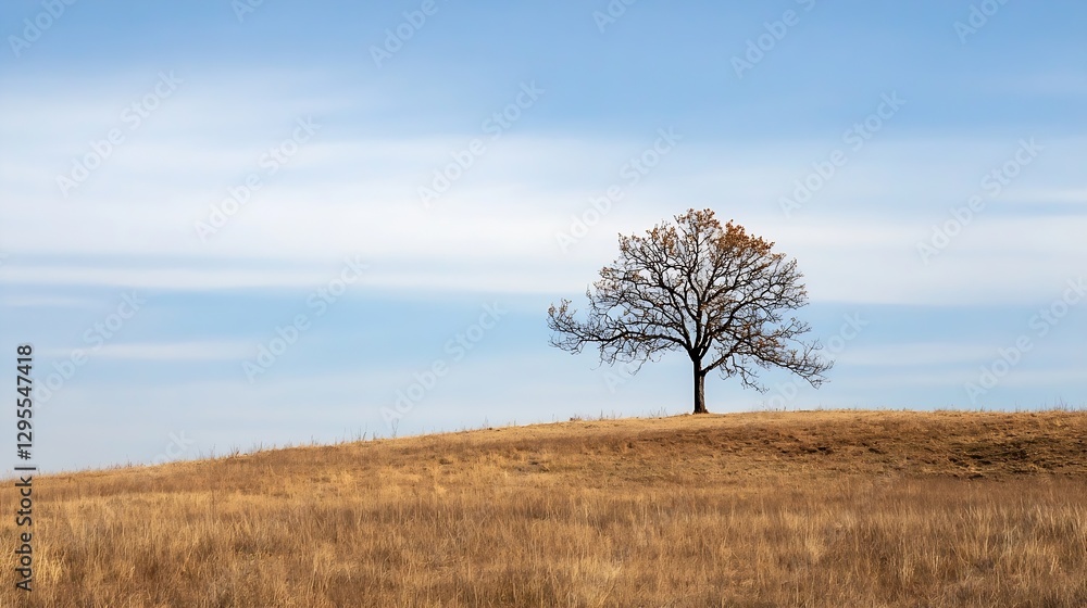 Poster solitary tree standing alone on a hill under a cloudy sky in a serene landscape : generative ai