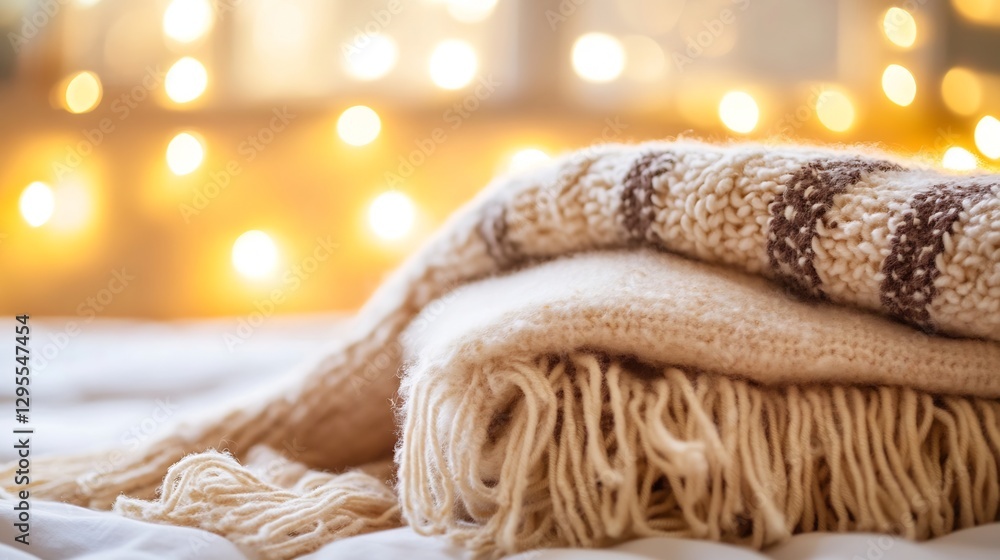 Aufkleber Folded Cozy Blankets with Beautiful Bokeh Lights in Background for Warm Atmosphere : Generative AI