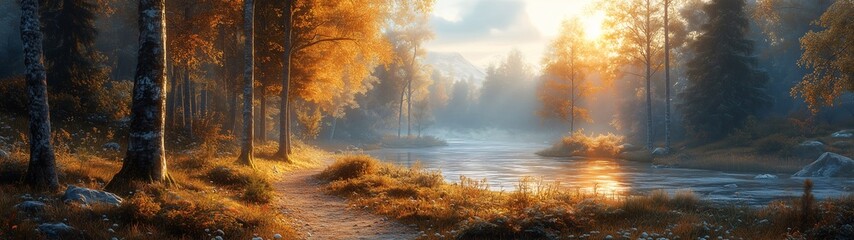 Forest path winding through towering trees at spring equinox. Generative ai ilustration