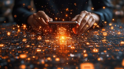 Hands on Smartphone, Education Concept, Digital Circuit Board Background