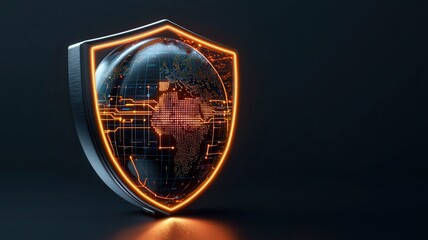 A digital shield icon featuring a world map with glowing lines, symbolizing cybersecurity and global protection.