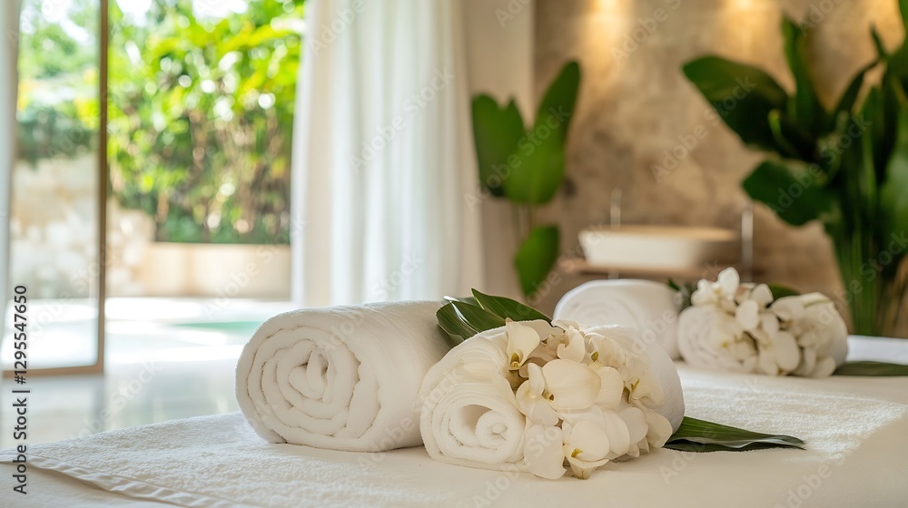 Poster luxury spa setting with rolled towels and fresh white flowers for relaxation : generative ai