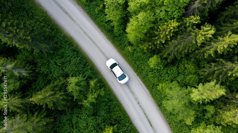 Poster aerial view of a car driving on a winding road surrounded by lush green trees and nature : generativ
