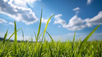 Fototapeta premium Vibrant Green Grass Blades Against a Clear Blue Sky and Soft White Clouds : Generative AI