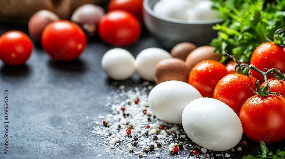 Poster fresh eggs and ripe tomatoes arranged on a dark surface for nutritious meals : generative ai
