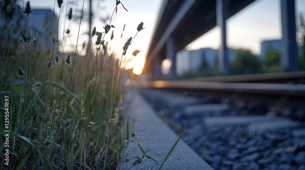Poster charming railway tracks surrounded by grass and a scenic sunset : generative ai