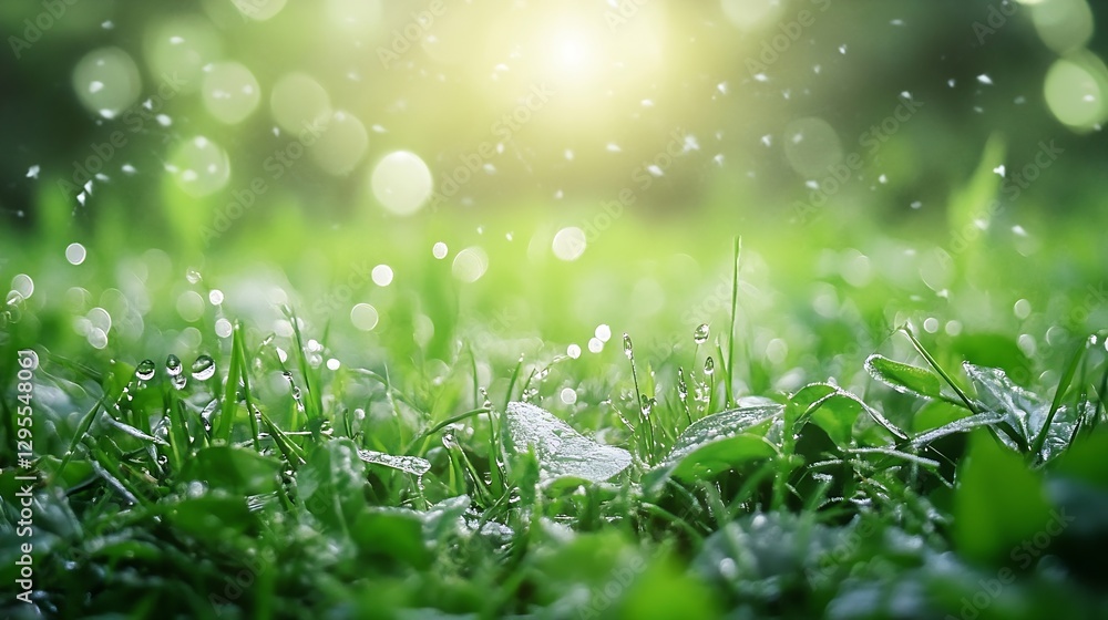 Poster dew drops on lush green grass with soft bokeh effect during sunrise in spring : generative ai