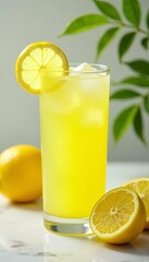 Refreshing iced lemonade, yellow citrus drink, food photography, simple