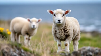 Obraz premium Close-Up of Two Adorable Lambs Grazing on Green Pasture Near the Ocean : Generative AI