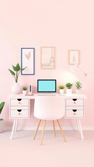  Pastel Themed 3D Desk with Simple Decor, Desk Plants, and Cozy Vibes for Freelancers