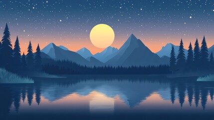 Obraz premium Full moon reflects over a calm lake surrounded by mountains