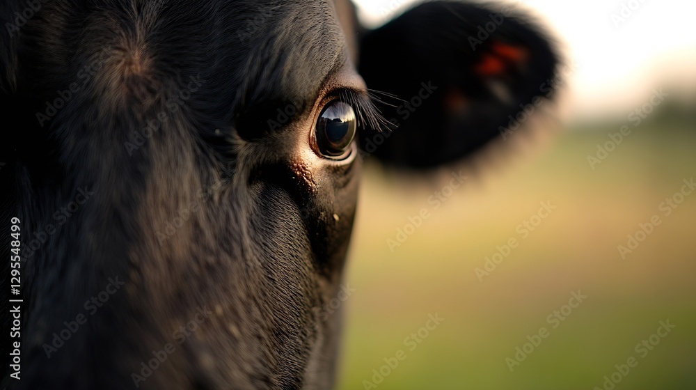 Poster close up of the eye of a black cow in a scenic farm setting : generative ai
