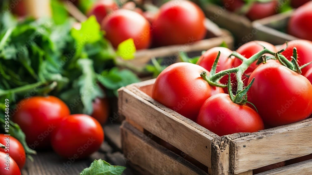 Poster fresh organic tomatoes in wooden crates surrounded by vibrant green leaves on a rustic wooden table 