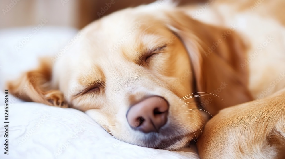 Poster golden retriever puppy sleeping comfortably on white soft bedding in a cozy environment : generative