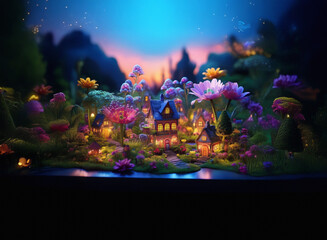 Enchanting fairy village at night with glowing flowers and houses. Dreamy background of a dark sky enhances the magical scene.