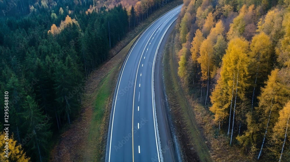 Poster aerial view of a winding road surrounded by vibrant autumn forests with colorful foliage : generativ