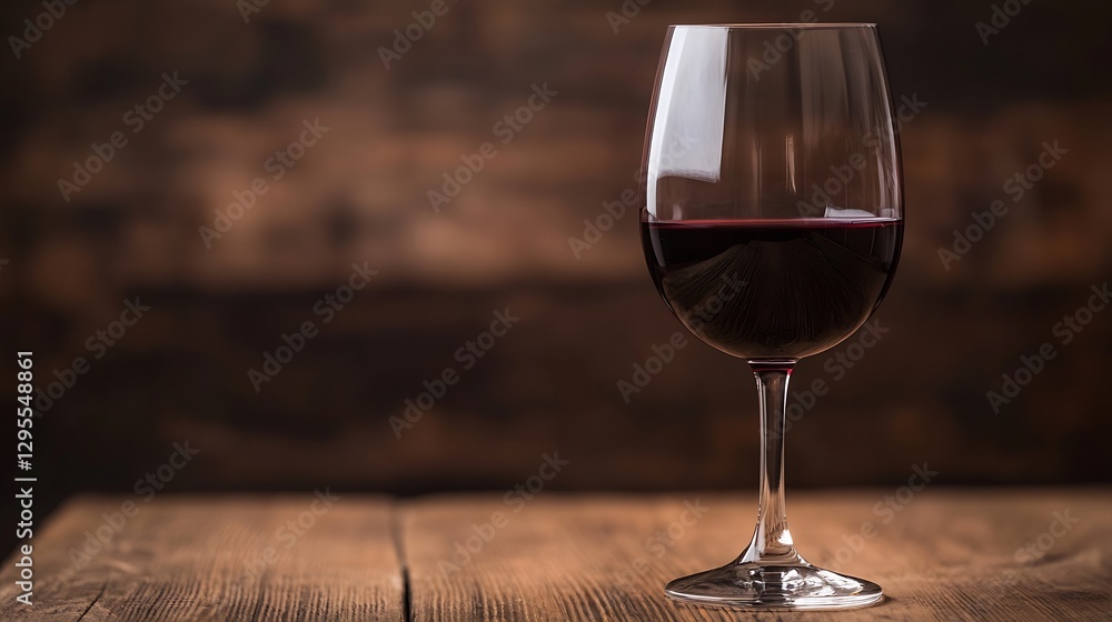 Poster elegant red wine glass filled with crimson liquid placed on rustic wooden table in a cozy atmospheri