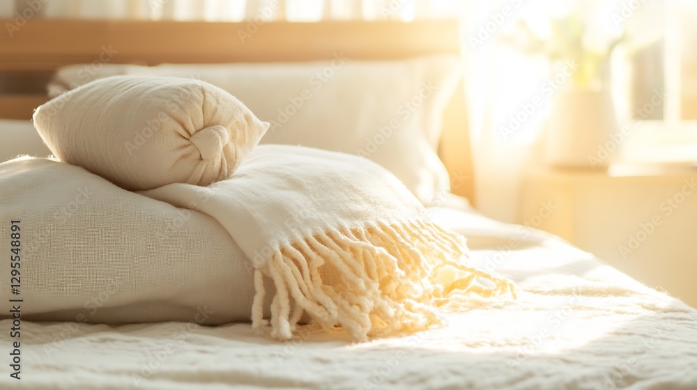 Poster bright sunlit bedroom with soft pillows and textiles creating a peaceful atmosphere : generative ai