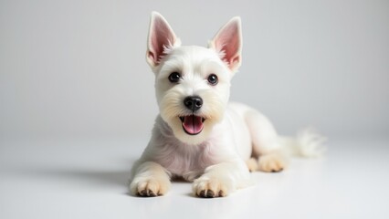Obraz premium A white mini schnauzer lying down with its paws forward and ears perked up.