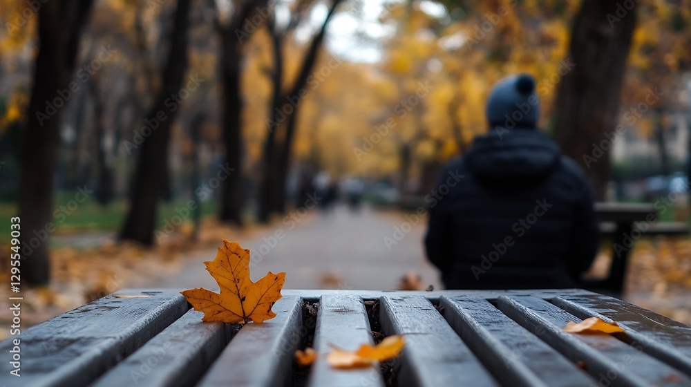 Poster autumn leaves on a park bench with a blurred figure in the background : generative ai