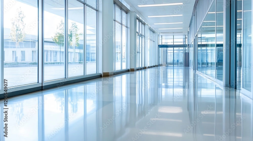 Poster Bright and Spacious Hallway with Large Windows and Glossy Floor in Modern Building : Generative AI