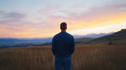 Person standing alone in field at sunset reflecting on nature : Generative AI