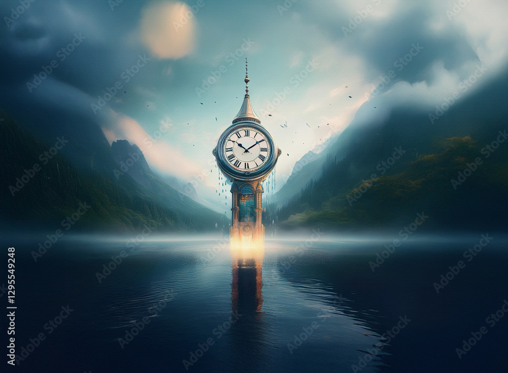 Poster a clock tower emerges from a still lake reflecting the sky, set against a backdrop of mountains and 