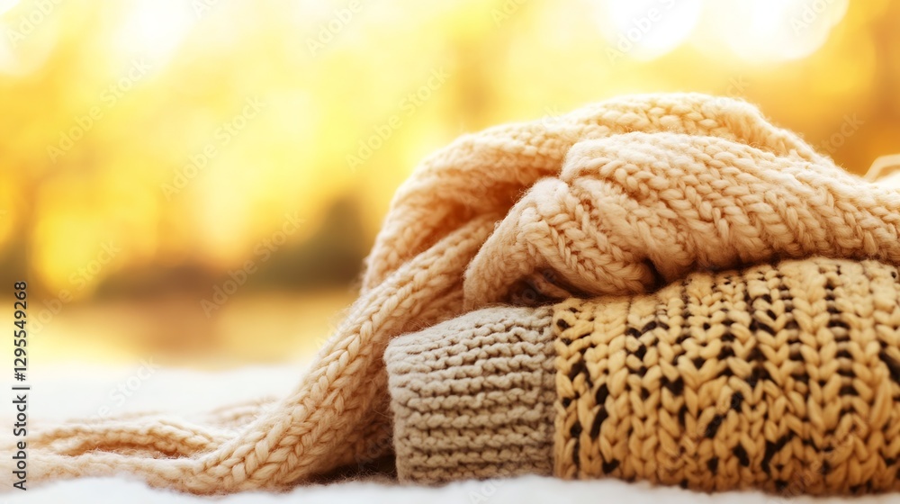 Aufkleber stylish folded knit sweater in vibrant autumn colors on a soft background with warm light : generati
